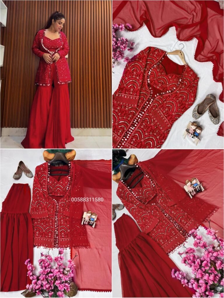 Red Embroidered Indo-Western Sharara Set with Jacket & Dupatta