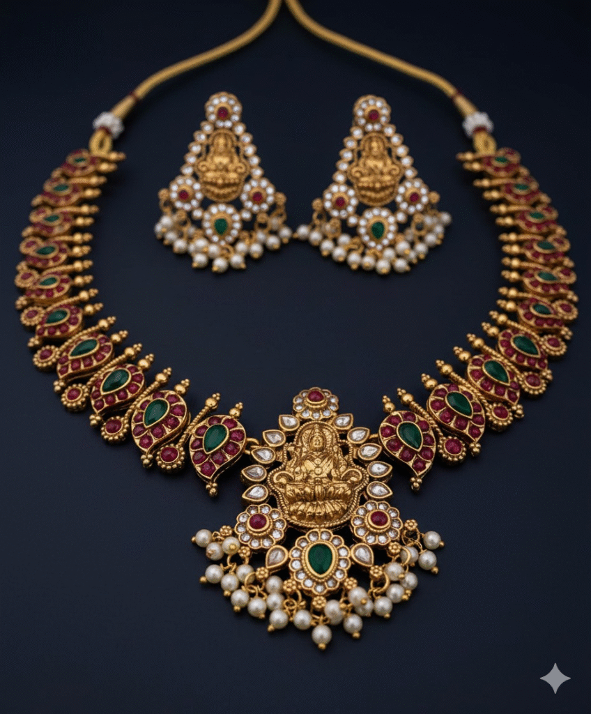 Traditional Temple Jewellery Necklace Set with Lakshmi Motif, Ruby & Emerald Stones