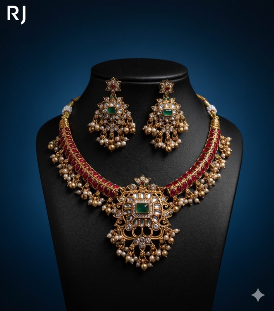 Royal Kundan & Emerald Choker Necklace Set with Matching Earrings