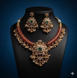 Home royal kundan & emerald choker necklace set with matching earrings