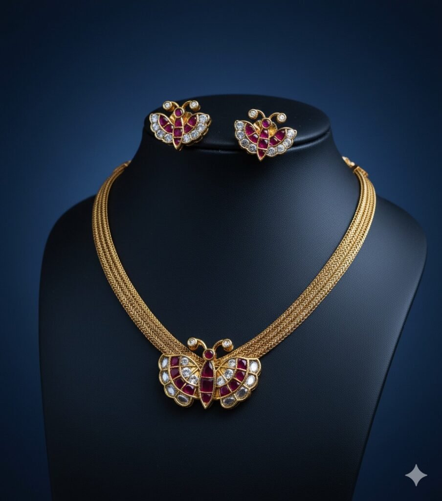 Butterfly Design Ruby & Kundan Necklace Set with Matching Earrings