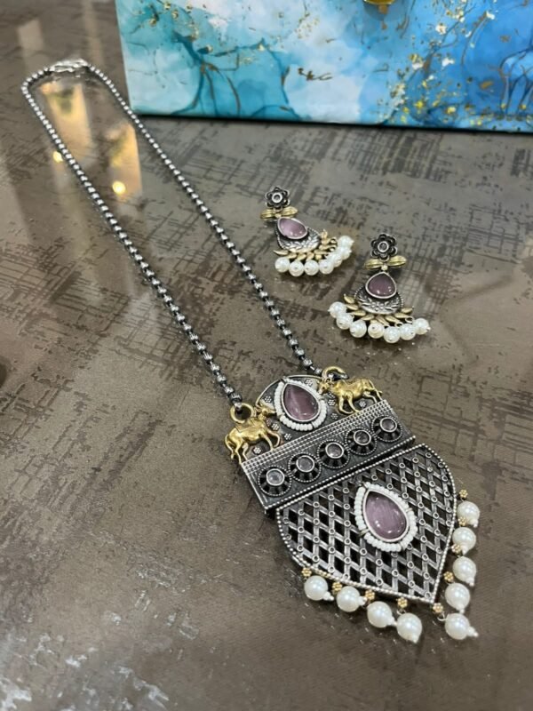 antique oxidised silver long necklace set with elephant motif & pearl drops