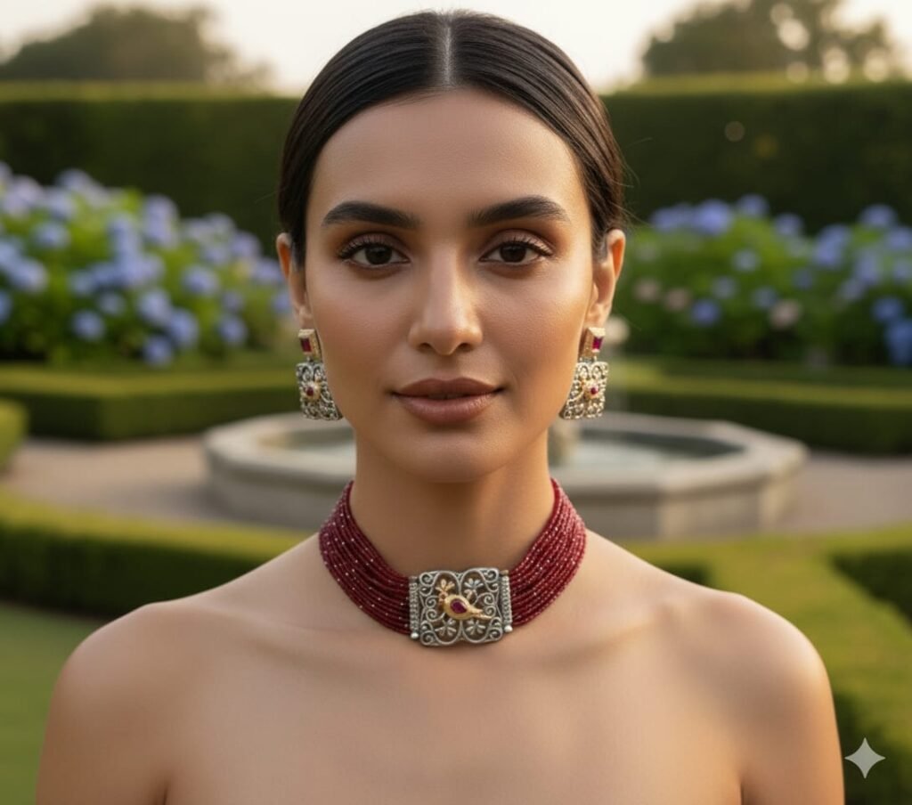 Peacock Design Oxidised Silver Beaded Choker Necklace Set with Earrings