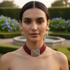 Peacock Design Oxidised Silver Beaded Choker Necklace Set with Earrings