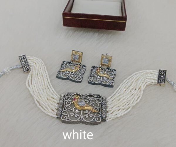 peacock design oxidised silver beaded choker necklace set with earrings