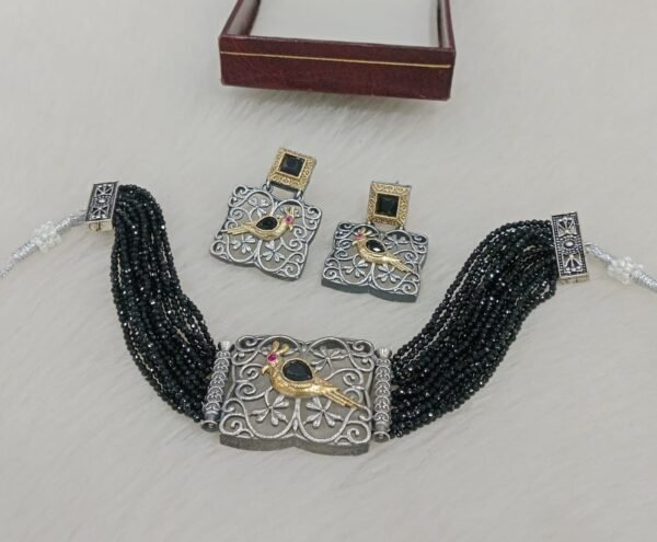 peacock design oxidised silver beaded choker necklace set with earrings