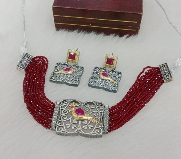 peacock design oxidised silver beaded choker necklace set with earrings