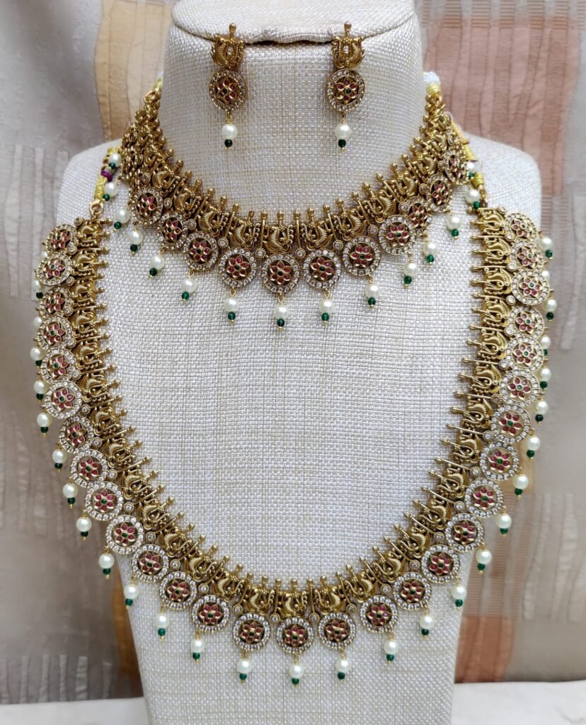 Premium Brass Mehandi Polished Temple Combo Necklace Set