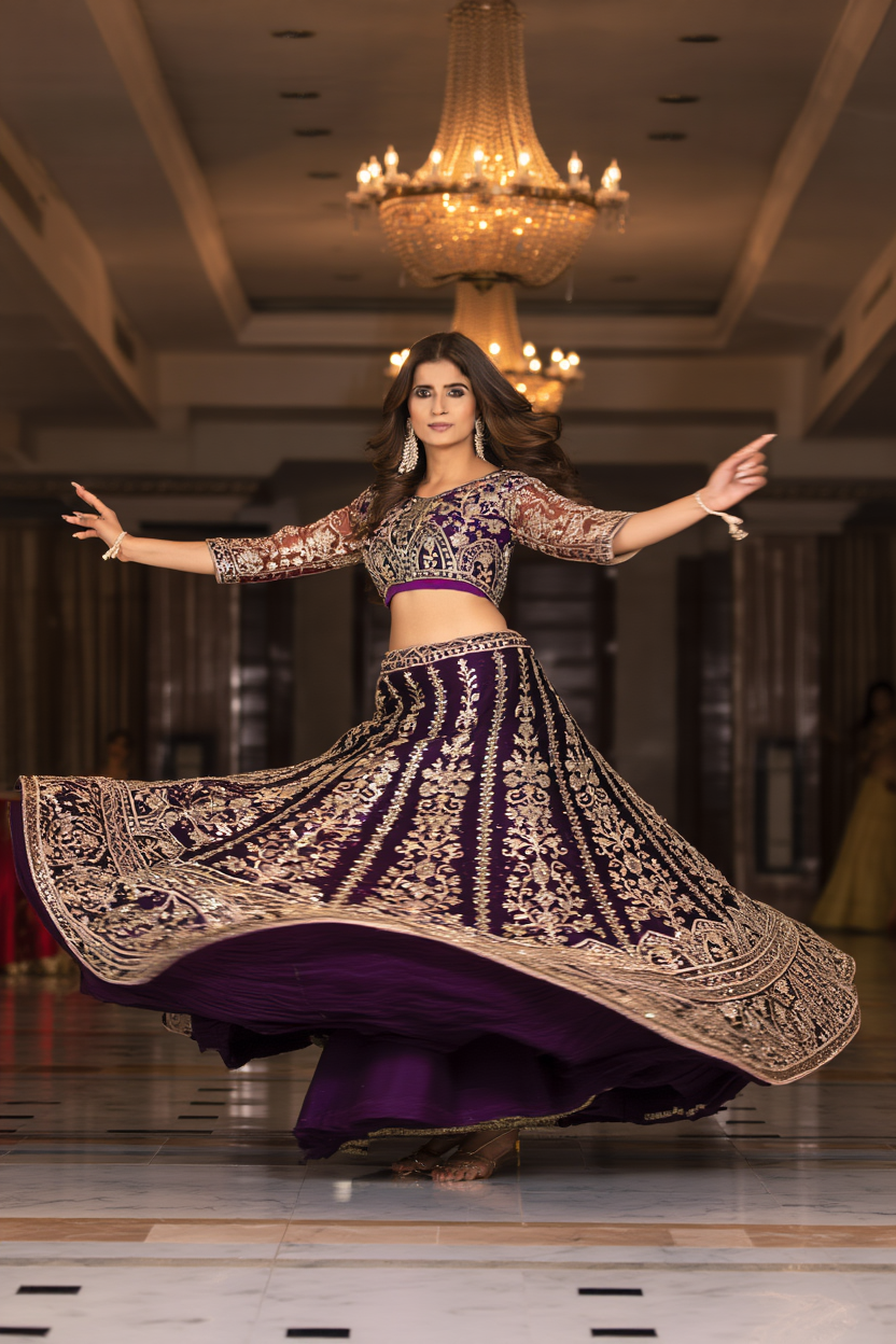 royal purple butterfly net lehenga choli with golden sequins & codding embroidery | sajdeya bridal collection royal purple butterfly net lehenga choli with golden sequins & codding embroidery | sajdeya bridal collection