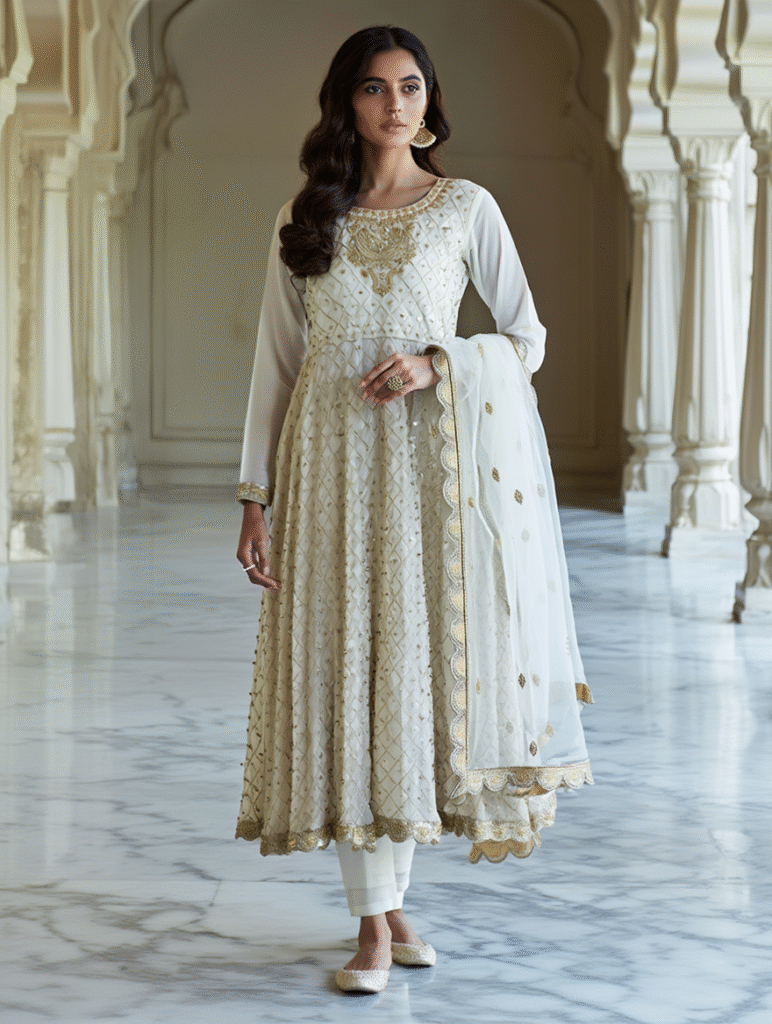 Elegant White Faux Georgette Embroidered Gown Set with Dupatta & Bottom | Sajdeya Traditional Collection