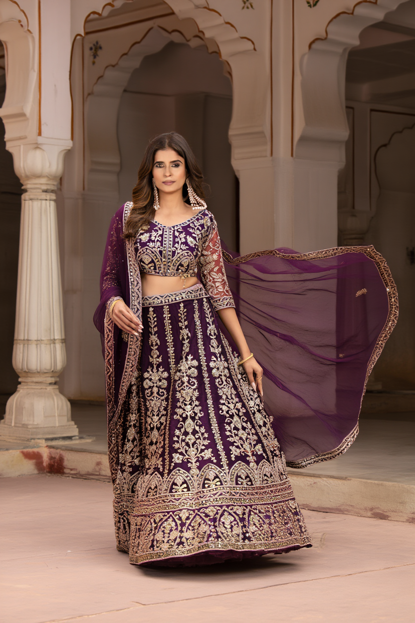 royal purple butterfly net lehenga choli with golden sequins & codding embroidery | sajdeya bridal collection royal purple butterfly net lehenga choli with golden sequins & codding embroidery | sajdeya bridal collection
