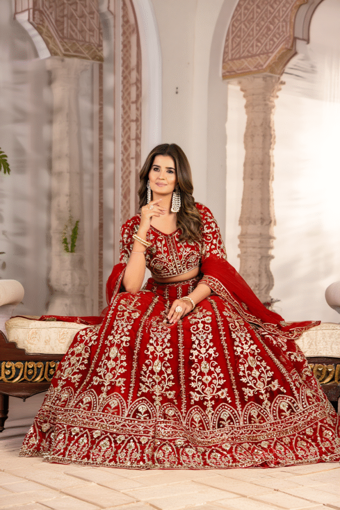 Regal Red Butterfly Net Lehenga Choli with Sequins & Codding Embroidery | Sajdeya Bridal Collection