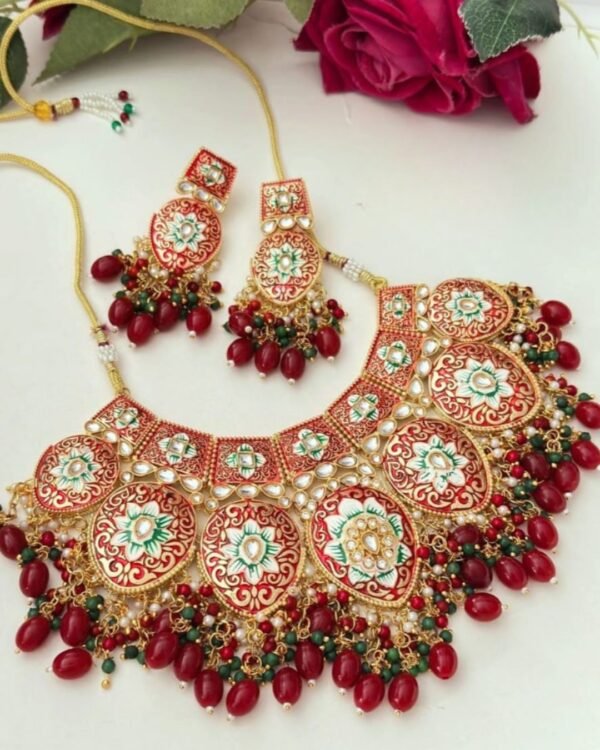 royal meenakari red beaded bridal necklace set with earrings