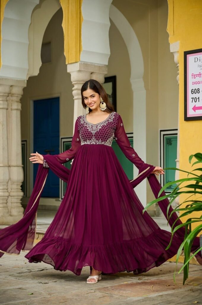 Premium Wine Faux Blooming Designer Gown with Dupatta – Heavy Beads Embroidery & 7 Meter Flair | Readymade Party Wear Anarkali Gown