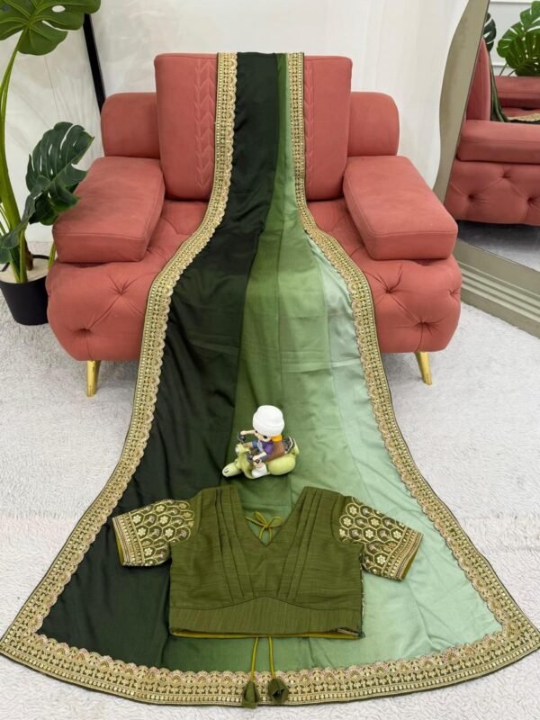 olive ombre chinon silk saree with thread & sequin work