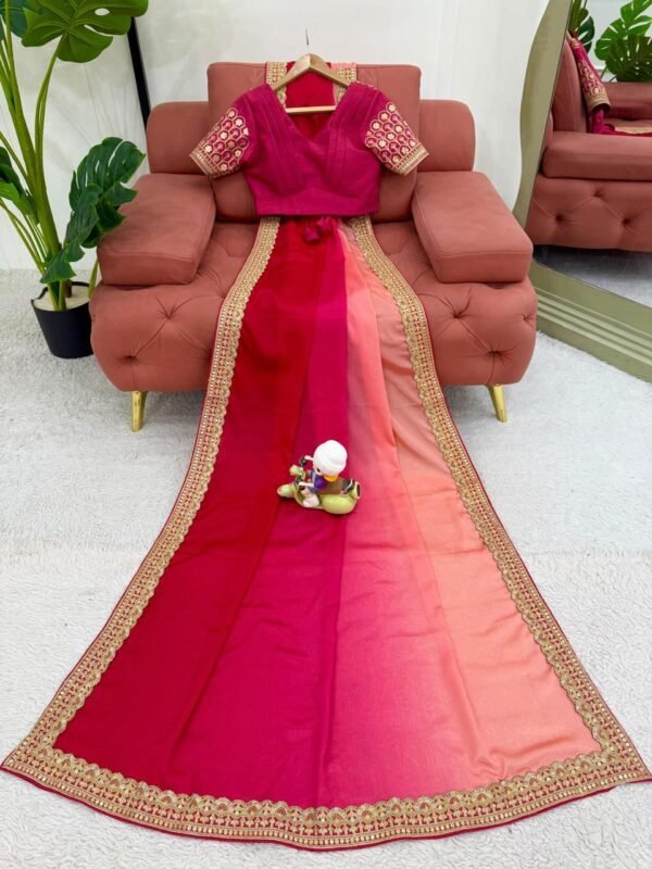 elegant ombre pink chinon silk saree with thread & sequin lace work