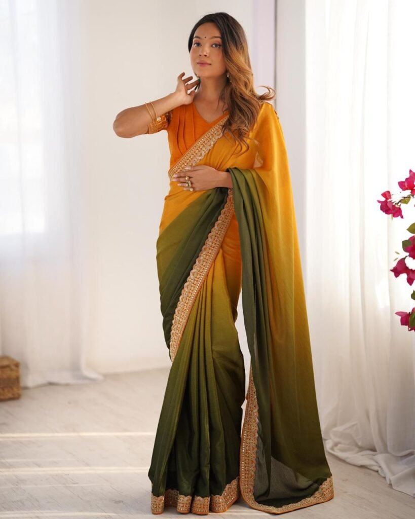 Mustard Yellow & Olive Green Chinon Silk Saree with Thread & Sequin Lace Work