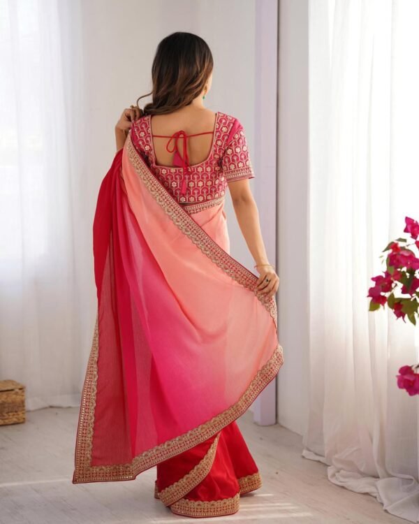 elegant ombre pink chinon silk saree with thread & sequin lace work