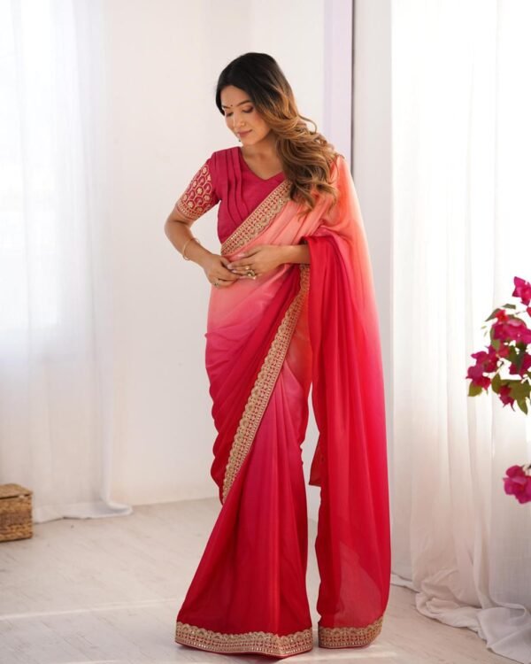 elegant ombre pink chinon silk saree with thread & sequin lace work