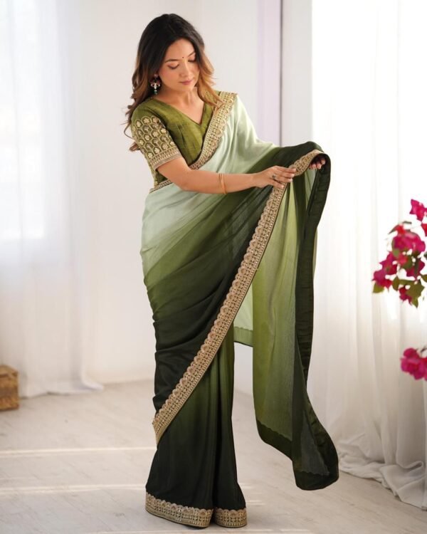 olive ombre chinon silk saree with thread & sequin work