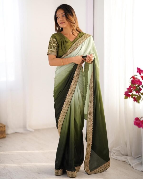 olive ombre chinon silk saree with thread & sequin work