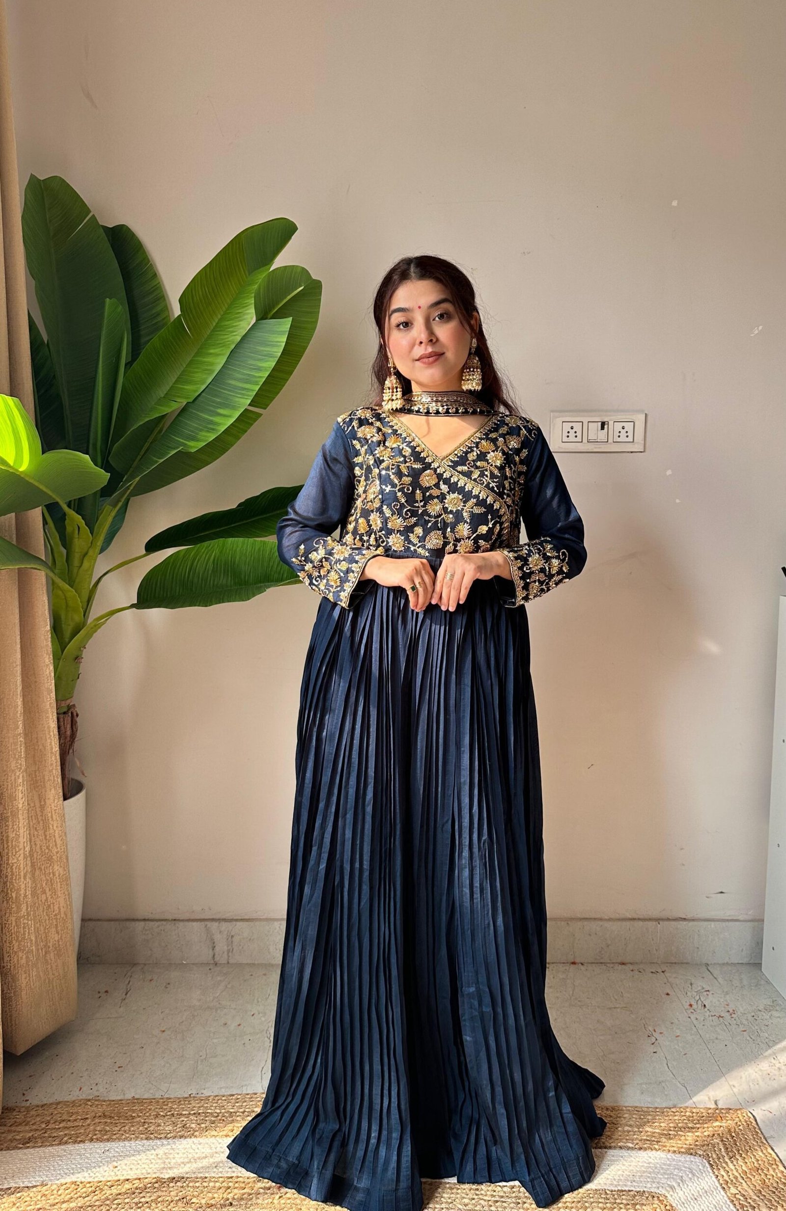 Premium Blooming Vichitra Embroidered Kurti-Pant-Dupatta Set