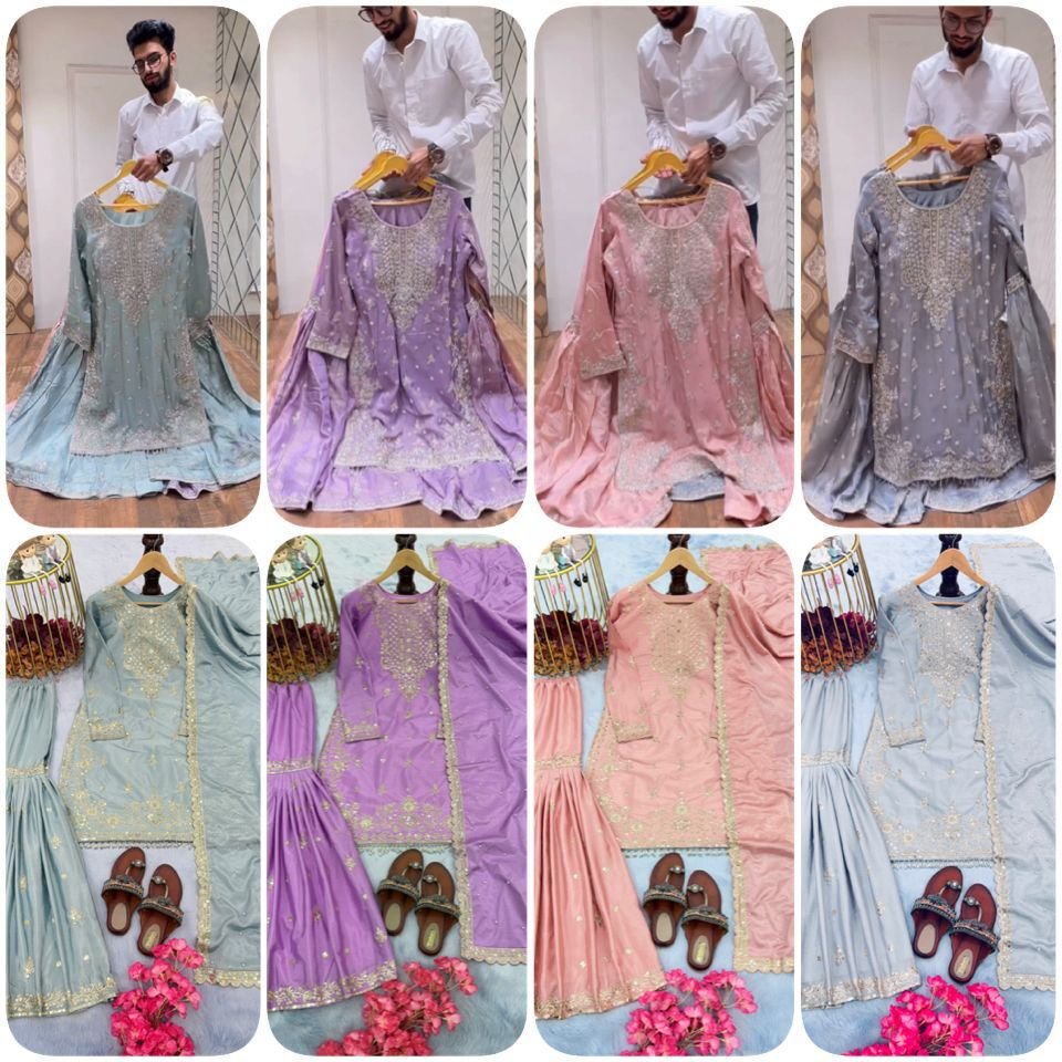 Premium Pure Chinon Embroidered Top-Plazzo-Dupatta Set