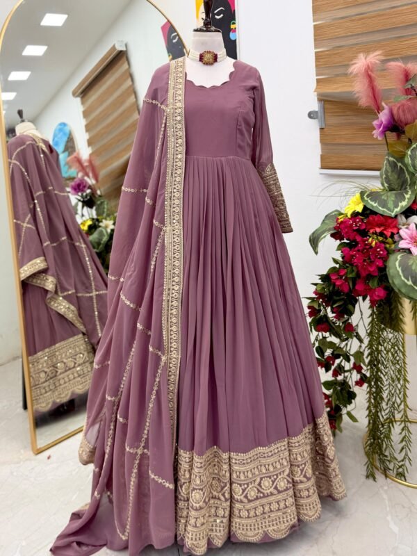 designer embroidered anarkali gown with dupatta – mauve elegance