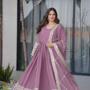 designer embroidered anarkali gown with dupatta – mauve elegance