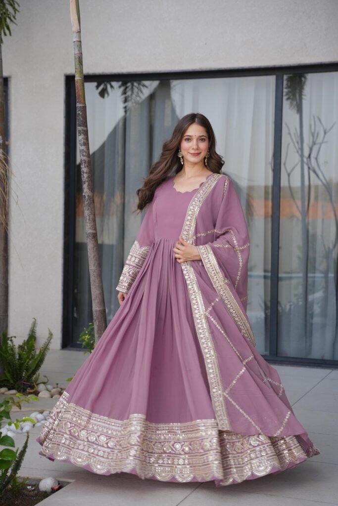 Designer Embroidered Anarkali Gown with Dupatta – Mauve Elegance
