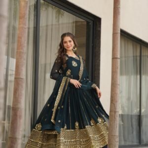 premium faux blooming zari embroidered gown with dupatta