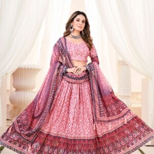 crush chinon printed lehenga with mukesh work – pink peach floral design