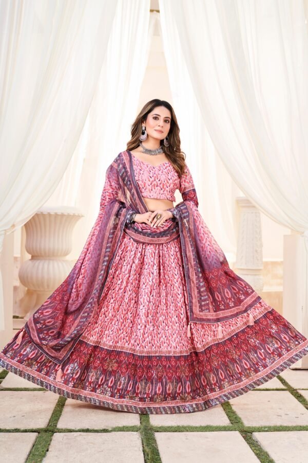 crush chinon printed lehenga with mukesh work – pink peach floral design