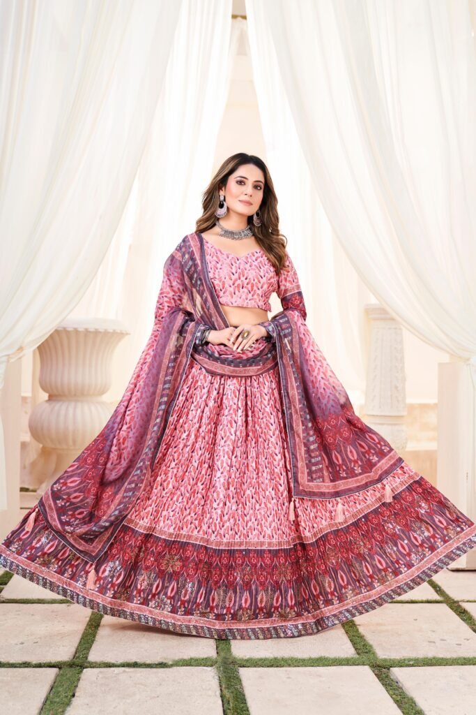 Crush Chinon Printed Lehenga with Mukesh Work – Pink Peach Floral Design