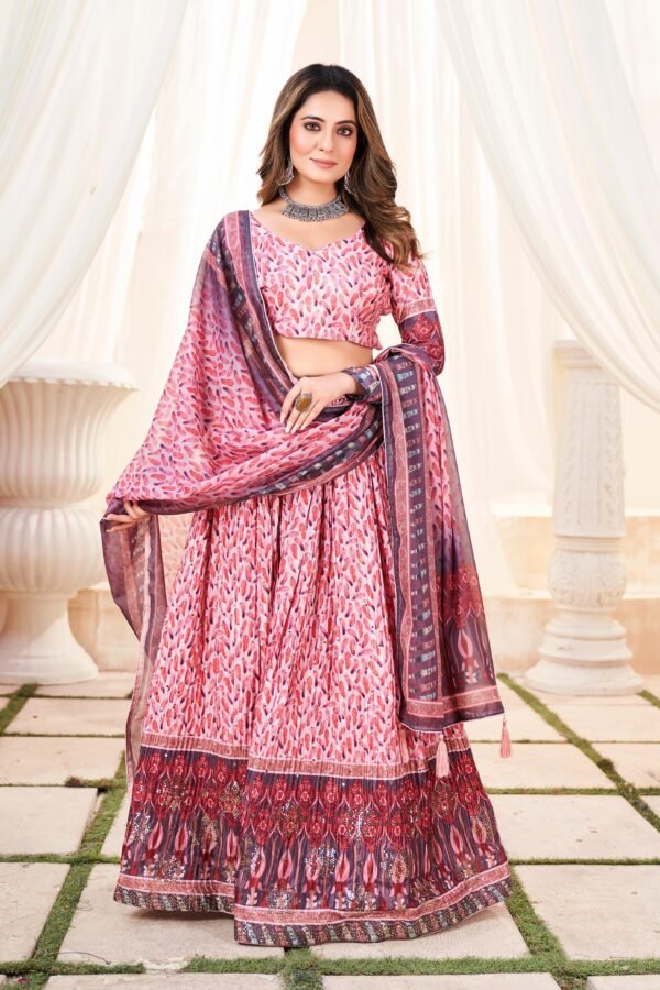crush chinon printed lehenga with mukesh work – pink peach floral design