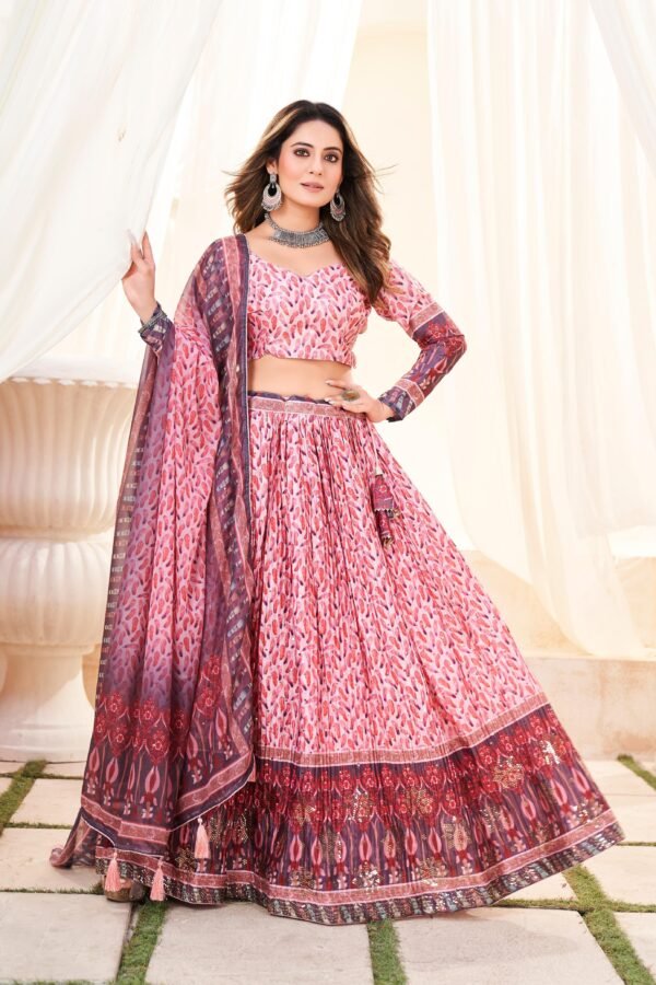 crush chinon printed lehenga with mukesh work – pink peach floral design