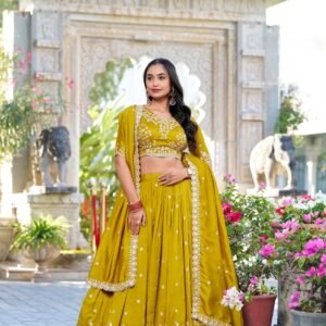 mustard yellow vichitra silk embroidered lehenga choli with sequins work & dupatta | sajdeya 2025 collection