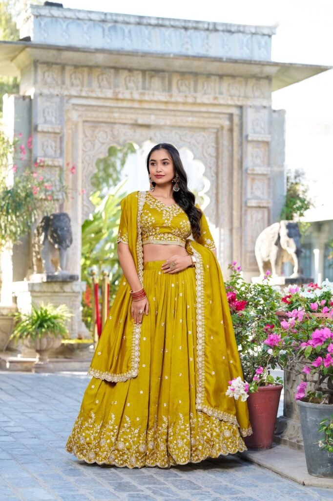 Mustard Yellow Vichitra Silk Embroidered Lehenga Choli with Sequins Work & Dupatta | Sajdeya 2025 Collection