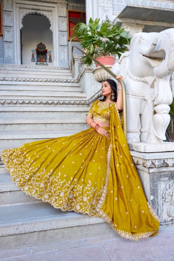 mustard yellow vichitra silk embroidered lehenga choli with sequins work & dupatta | sajdeya 2025 collection