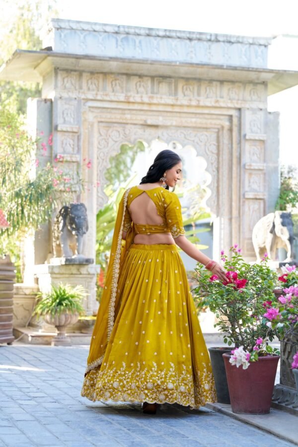 mustard yellow vichitra silk embroidered lehenga choli with sequins work & dupatta | sajdeya 2025 collection