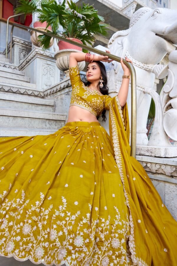 mustard yellow vichitra silk embroidered lehenga choli with sequins work & dupatta | sajdeya 2025 collection