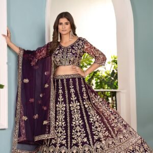 royal purple butterfly net lehenga choli with golden sequins & codding embroidery | sajdeya bridal collection