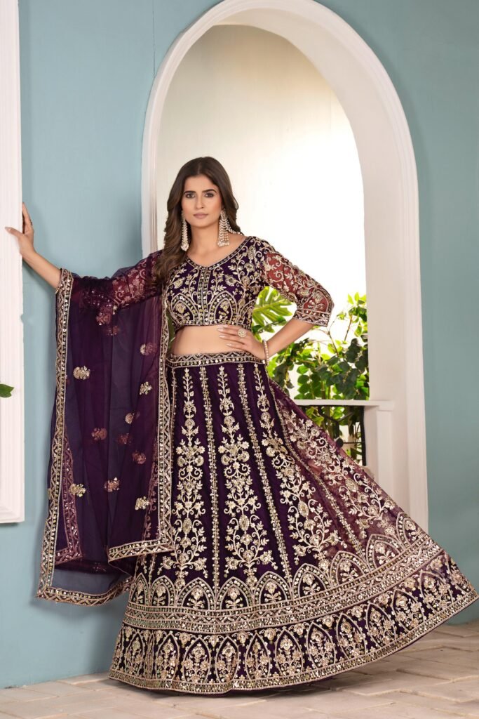 Royal Purple Butterfly Net Lehenga Choli with Golden Sequins & Codding Embroidery | Sajdeya Bridal Collection