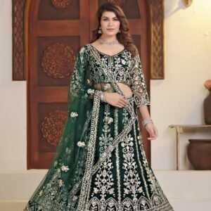 emerald green butterfly net bridal lehenga choli with silver sequins & codding embroidery | sajdeya bridal collection