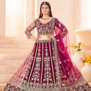 majestic wine butterfly net bridal lehenga choli with silver sequins & codding embroidery | sajdeya bridal collection