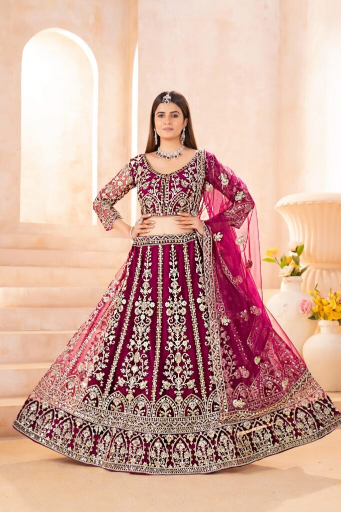 Majestic Wine Butterfly Net Bridal Lehenga Choli with Silver Sequins & Codding Embroidery | Sajdeya Bridal Collection