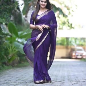 purple viscose georgette saree with designer jacquard border & blouse | sajdeya women’s collection