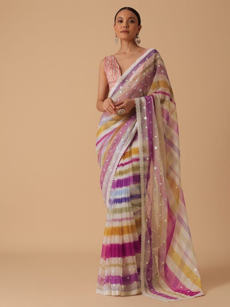 Multicolor Premium Georgette Digital Print Saree with Sequins & Embroidery Work – Unstitched Blouse | Sajdeya