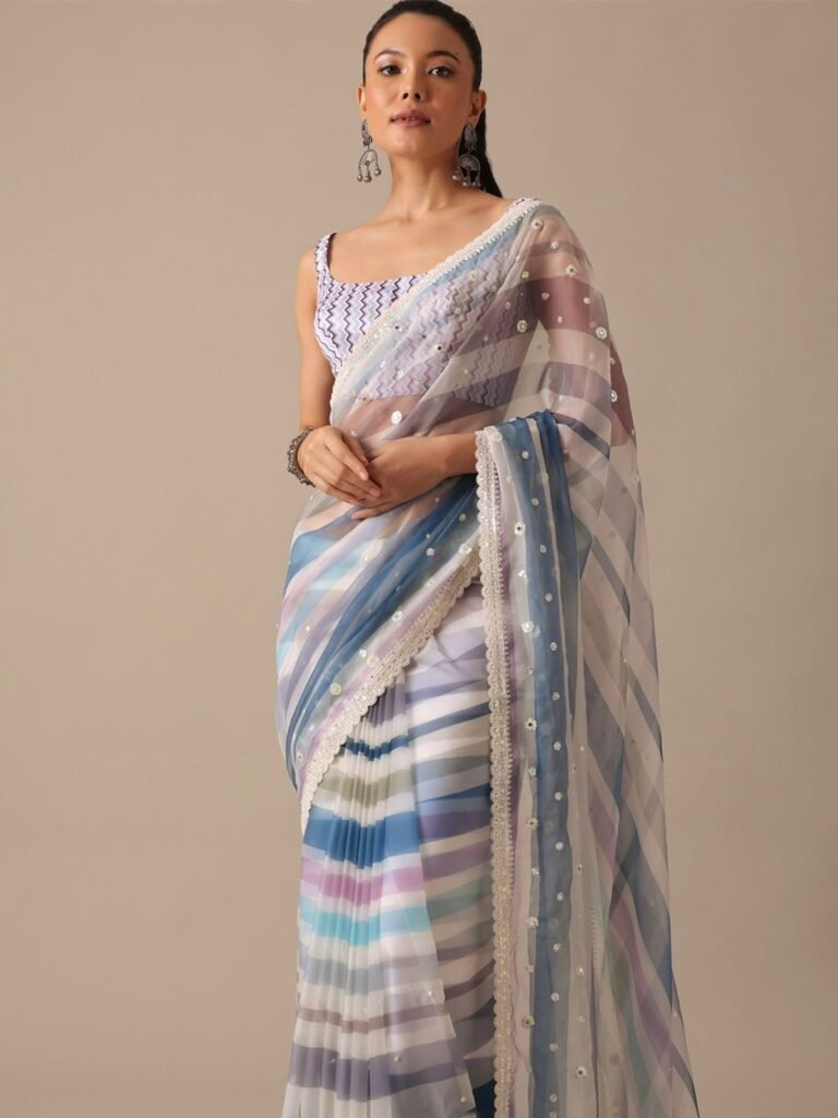 Premium Georgette Digital Print Saree with Sequins & Embroidery Work – Unstitched Blouse | Sajdeya
