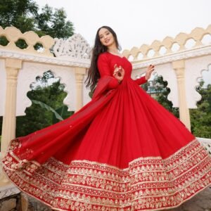 red embroidered fox georgette gown with dupatta – heavy coding sequence work | sajdeya